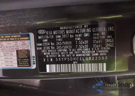 2020 Kia Telluride Sx z USA, uszkodzony, nr VIN 5XYP5DHC1LG022593